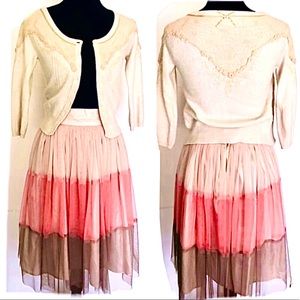 NUDE ANTHROPOLOGIE CARDIGAN W/ VELVET LACE & BOWS